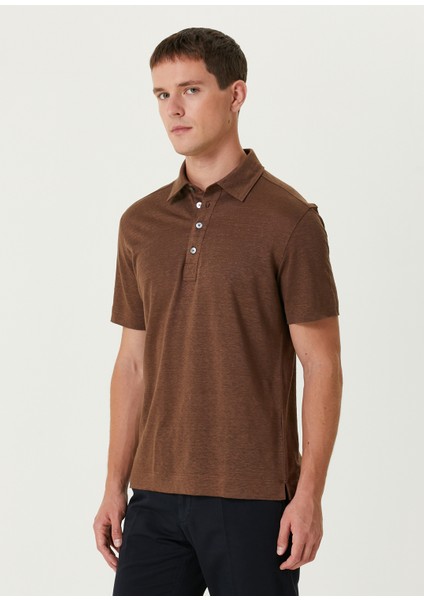 Kahverengi Polo Yaka Keten T-Shirt modelleri