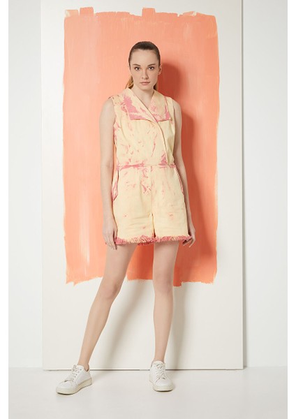 Batik Yıkamalı Mini Pembe Jean Tulum