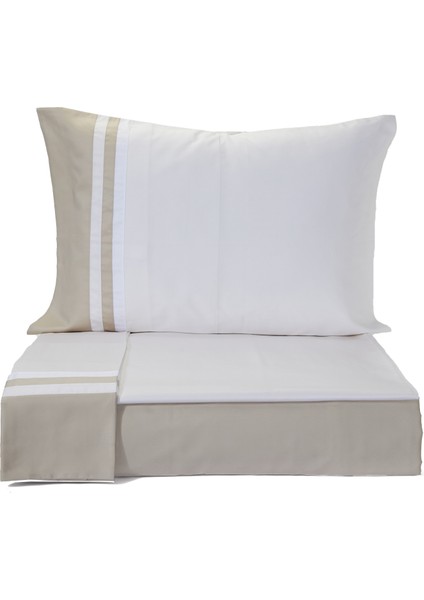 Kubric Bej Beyaz Pamuk Saten Nevresim Takımı