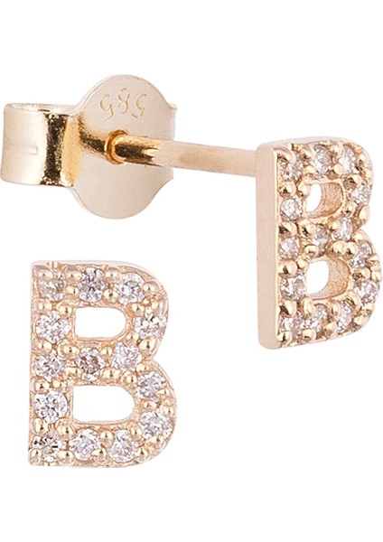 B Harfli Pırlanta Taşlı 14 Ayar Altın Kadın Tek Küpe