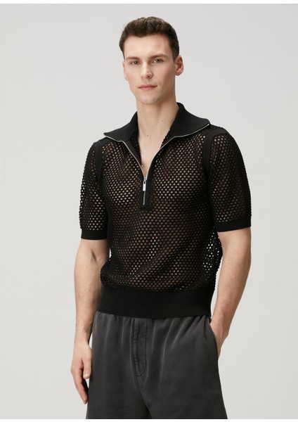 Siyah Polo Yaka File Dokulu T-Shirt