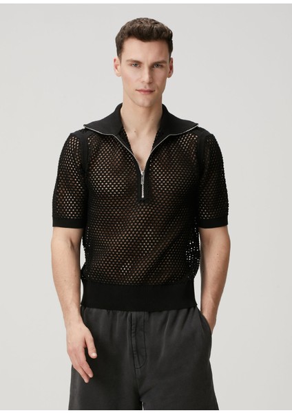 Siyah Polo Yaka File Dokulu T-Shirt modelleri