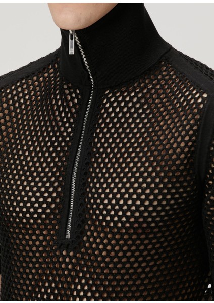 Siyah Polo Yaka File Dokulu T-Shirt