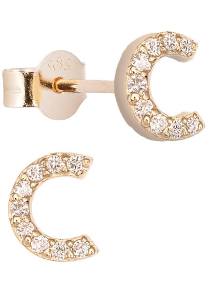 C Harfli Pırlanta Taşlı 14 Ayar Altın Kadın Tek Küpe