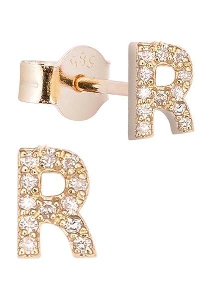 R Harfli Pırlanta Taşlı 14 Ayar Altın Kadın Tek Küpe