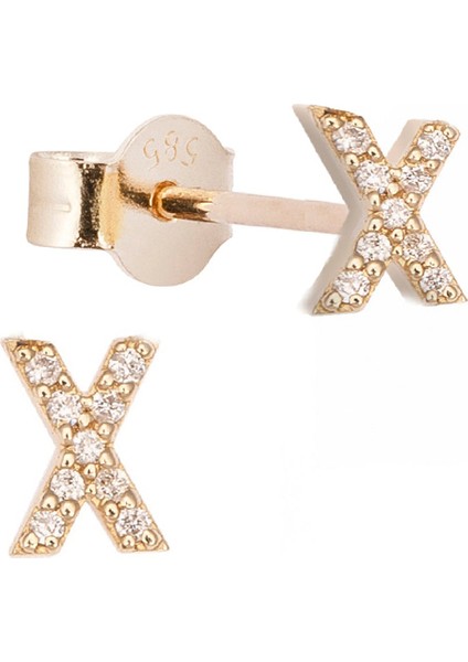 x Harfli Pırlanta Taşlı 14 Ayar Altın Kadın Tek Küpe