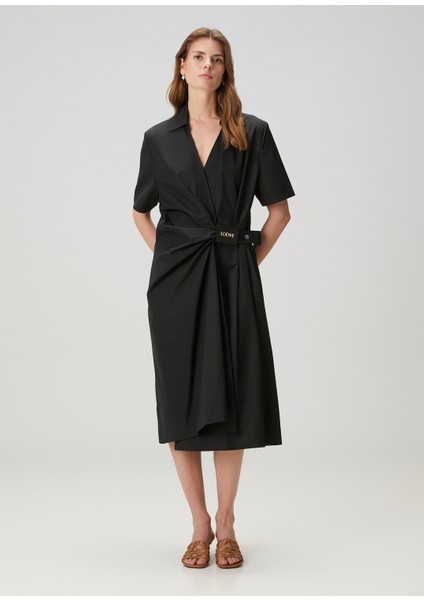 Relaxed Fit Siyah Midi Elbise