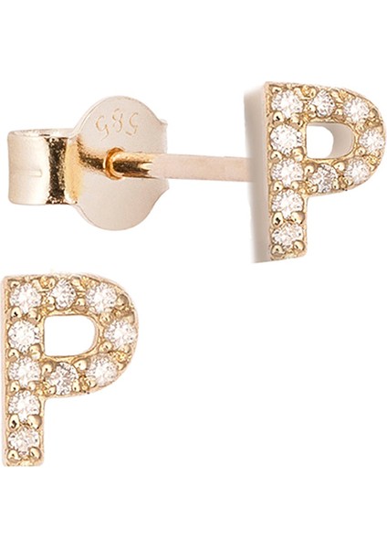 P Harfli Pırlanta Taşlı 14 Ayar Altın Kadın Tek Küpe