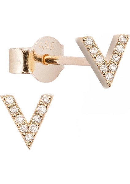 V Harfli Pırlanta Taşlı 14 Ayar Altın Kadın Tek Küpe