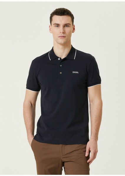 Lacivert Polo Yaka Logo Nakışlı T-Shirt
