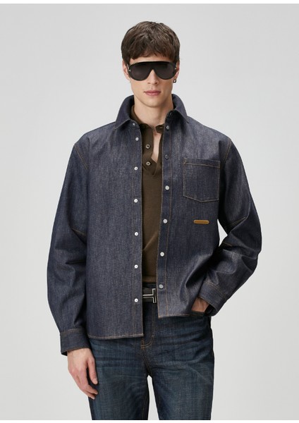 Indigo Kontrast Dikişli Denim Gömlek
