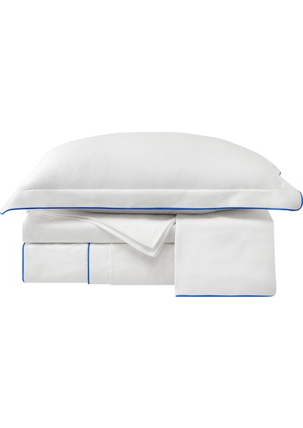 Canlı Mavi Biyeli Beyaz Saten Çift Kişilik Nevresim Takımı