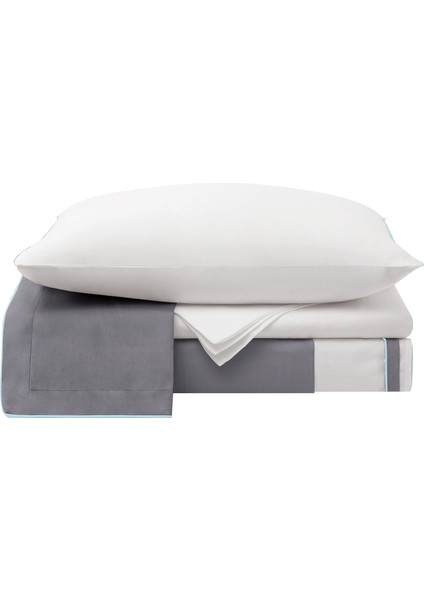 Bebek Mavi Biyeli Gri Beyaz Pamuk Saten Çift Kişilik Nevresim Takımı