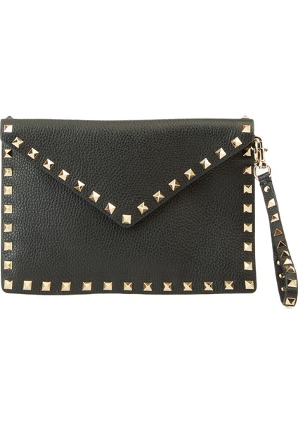 Rockstud Medium Siyah Kadın Deri El Portföyü