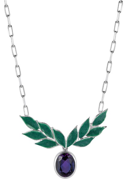 Ametist Taşlı Zeytin Yaprakları 925 Ayar Gümüş Kadın Kolye