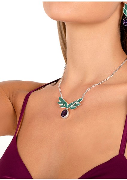 Ametist Taşlı Zeytin Yaprakları 925 Ayar Gümüş Kadın Kolye fiyatları