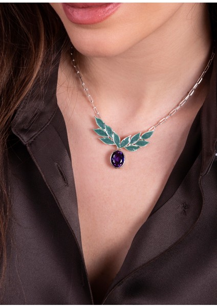 Ametist Taşlı Zeytin Yaprakları 925 Ayar Gümüş Kadın Kolye fırsatları