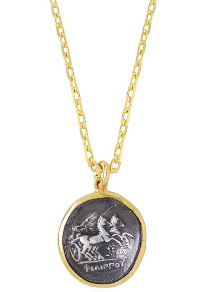 Chariots Antik Para 925 Ayar Gümüş Üzeri 22 Ayar Altın Kaplama Unisex Kolye