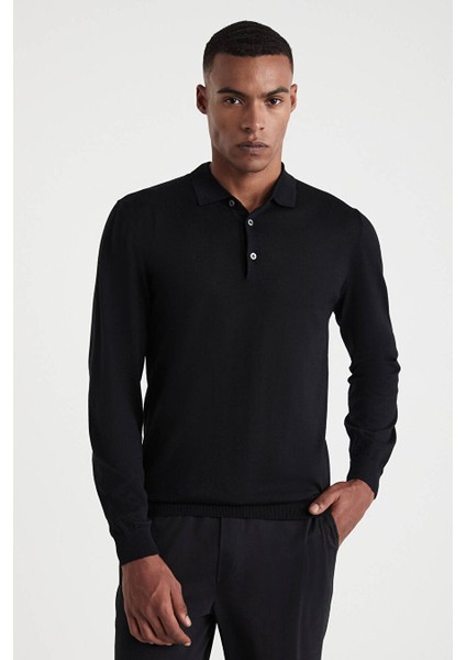Polo Yaka Merino Yün Siyah Kazak