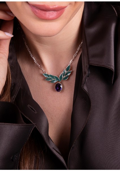 Ametist Taşlı Zeytin Yaprakları 925 Ayar Gümüş Kadın Kolye indirimleri