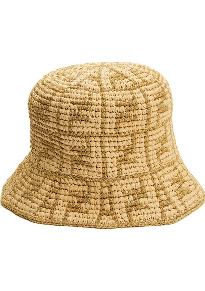 Bej Logolu Hasır Dokulu Kadın Şapka