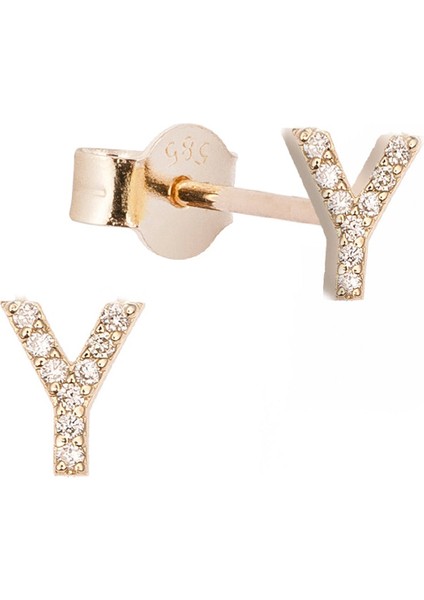 Y Harfli Pırlanta Taşlı 14 Ayar Altın Kadın Tek Küpe