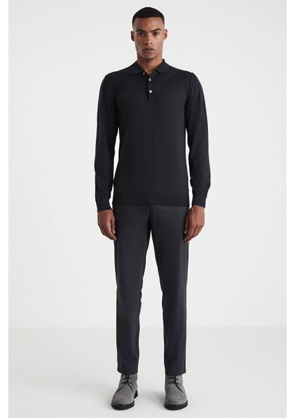 Polo Yaka Merino Yün Siyah Kazak fırsatları