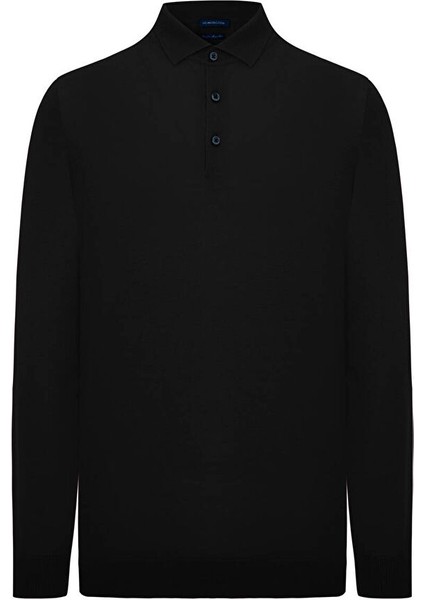 Polo Yaka Merino Yün Siyah Kazak