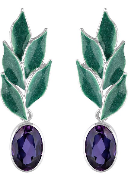 Ametist Taşlı Zeytin Yaprakları 925 Ayar Gümüş Kadın Küpe