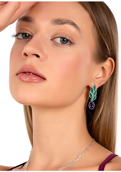 Ametist Taşlı Zeytin Yaprakları 925 Ayar Gümüş Kadın Küpe fiyatları