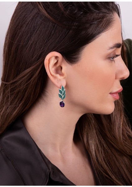 Ametist Taşlı Zeytin Yaprakları 925 Ayar Gümüş Kadın Küpe modelleri