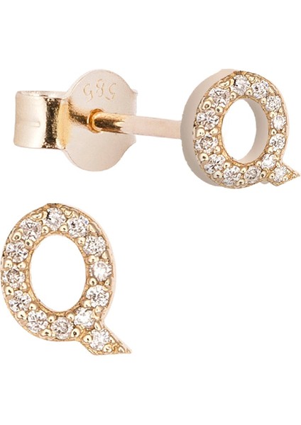 Q Harfli Pırlanta Taşlı 14 Ayar Altın Kadın Tek Küpe