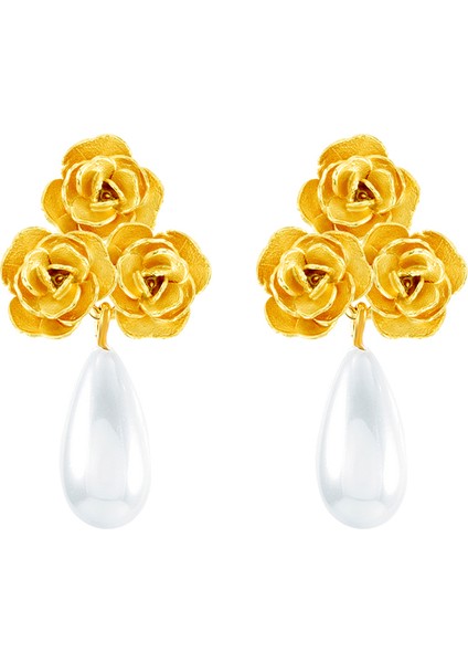 Incili Üç Sarı Gül 925 Ayar Gümüş Kadın Küpe