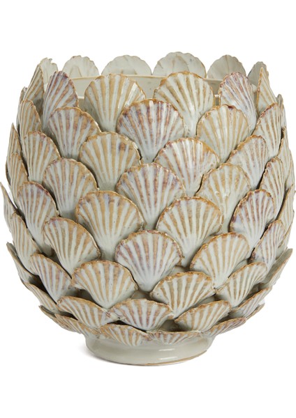 Beyaz Mor Istiridye Figürlü Seramik Vazo