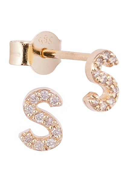 S Harfli Pırlanta Taşlı 14 Ayar Altın Kadın Tek Küpe