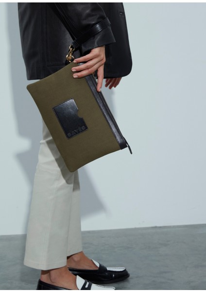 Stitched Haki Siyah Kanvas Kadın Clutch Çanta fırsatları