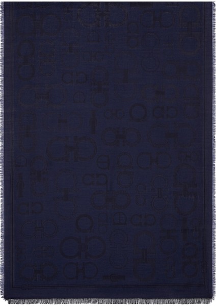 Lacivert Logo Jakarlı Ipek Eşarp