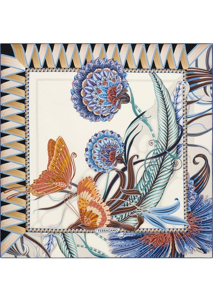 Krem Mavi Desenli Kadın Ipek Fular