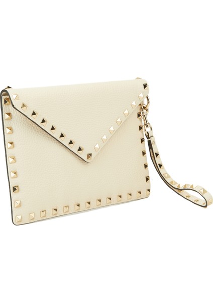 Rockstud Medium Ekru Kadın Deri El Portföyü modelleri