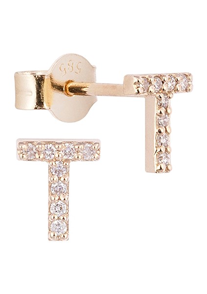 T Harfli Pırlanta Taşlı 14 Ayar Altın Kadın Tek Küpe