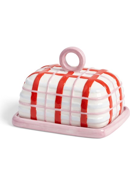 Pembe Desenli Kapaklı Tereyağ Tabağı 15 cm