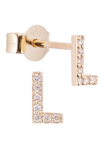 L Harfli Pırlanta Taşlı 14 Ayar Altın Kadın Tek Küpe