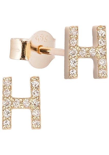 H Harfli Pırlanta Taşlı 14 Ayar Altın Kadın Tek Küpe