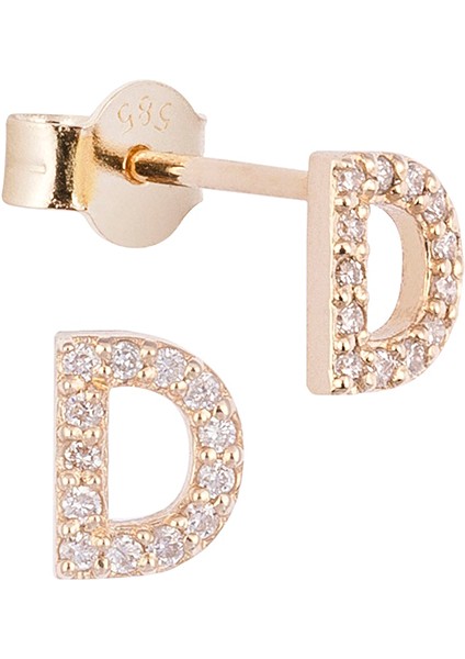 D Harfli Pırlanta Taşlı 14 Ayar Altın Kadın Tek Küpe