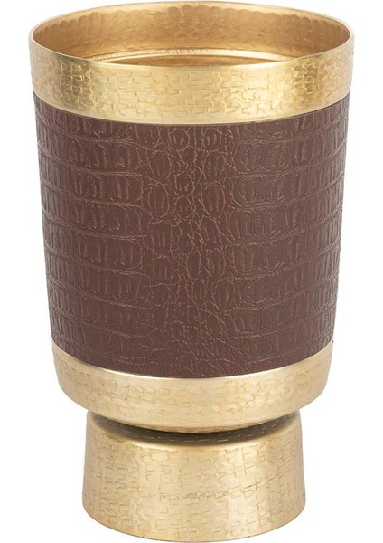 Altın Rengi Kahve Deri Kaplı Metal Vazo 19X30 cm