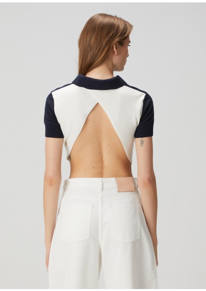 Lacivert Beyaz Crop Yün Polo Triko fırsatları