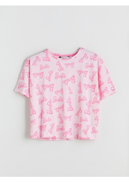 Yeni Sezon Bisiklet Yaka Barbie Baskılı Kadın Pijama Üstü