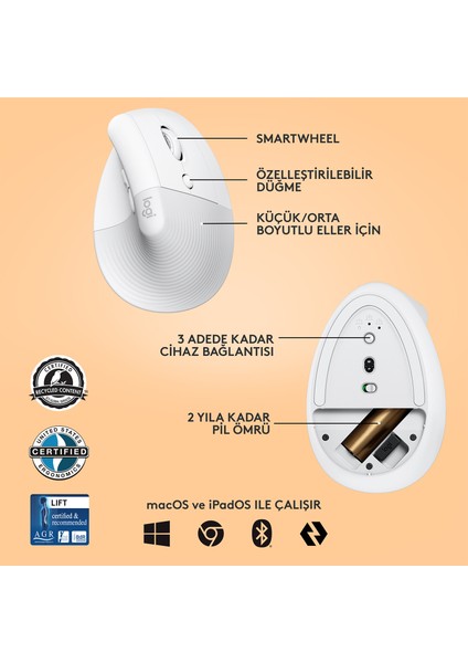 Lift Beyaz 910-006475 Sessiz Kablosuz Ergonomik Dikey Mouse