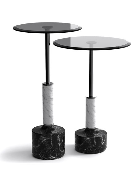 Lope Füme Cam Tablalı Mermer Ayaklı 2'li Yan Sehpa Seti