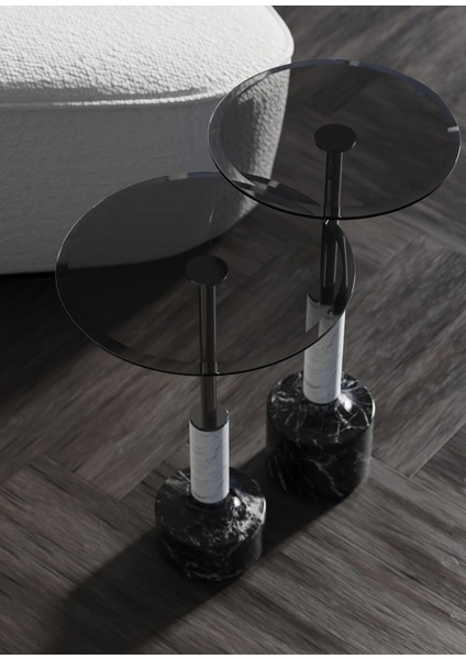 Lope Füme Cam Tablalı Mermer Ayaklı 2'li Yan Sehpa Seti modelleri